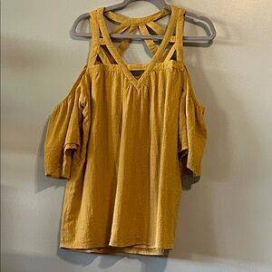 Anthropologie Adeline Gold Mustard Cold Shoulder Cut Outs Gauzy type blouse Size